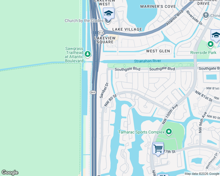 map of restaurants, bars, coffee shops, grocery stores, and more near 8009 Northwest 108th Avenue in Tamarac