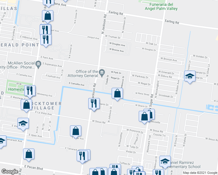 map of restaurants, bars, coffee shops, grocery stores, and more near 1500 North Hummingbird Drive in Pharr