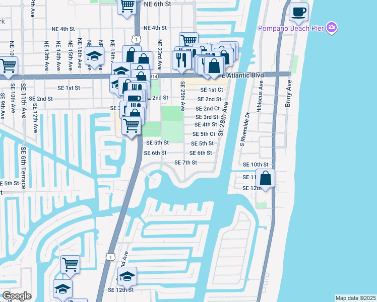 map of restaurants, bars, coffee shops, grocery stores, and more near 2523 Southeast 6th Street in Pompano Beach