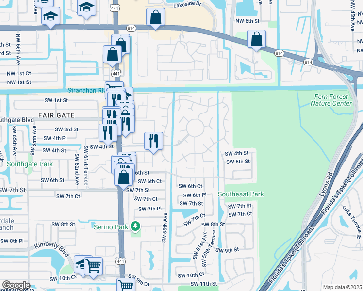 map of restaurants, bars, coffee shops, grocery stores, and more near 422 Aztec Boulevard in Margate