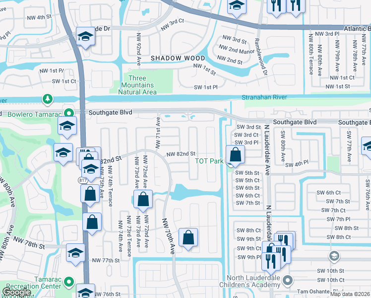 map of restaurants, bars, coffee shops, grocery stores, and more near 8211 Northwest 68th Terrace in Tamarac
