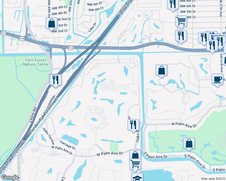 map of restaurants, bars, coffee shops, grocery stores, and more near 3520 Oaks Way in Pompano Beach