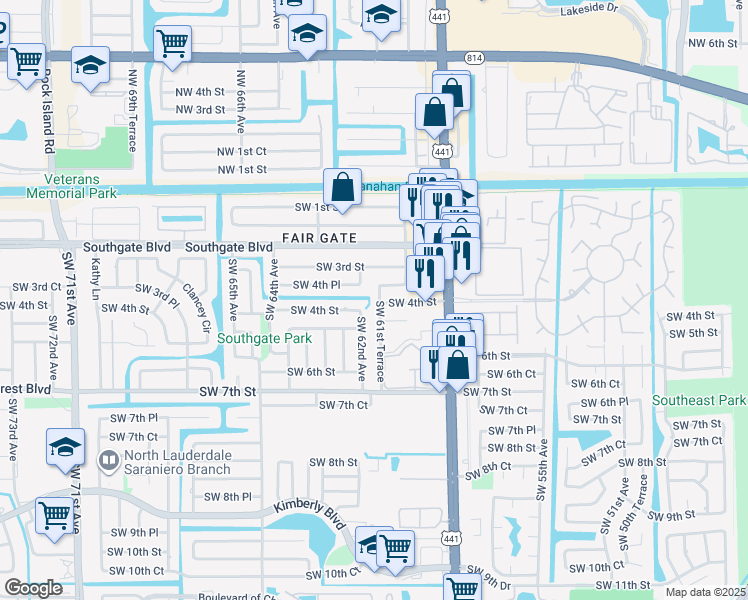 map of restaurants, bars, coffee shops, grocery stores, and more near 373 Southwest 61st Terrace in Margate