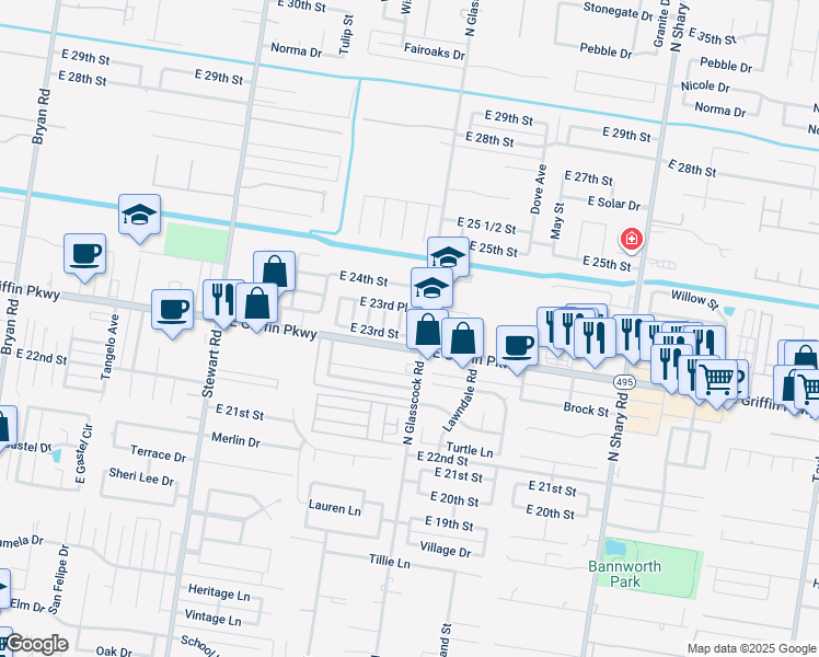 map of restaurants, bars, coffee shops, grocery stores, and more near 2305 Zinnia Street in Mission