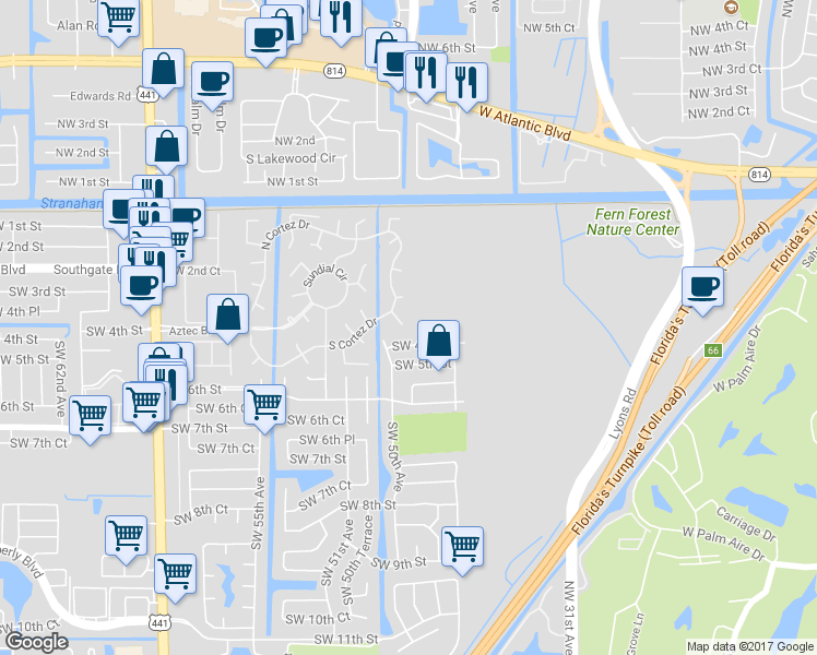 map of restaurants, bars, coffee shops, grocery stores, and more near 111 South Cortez Drive in Margate