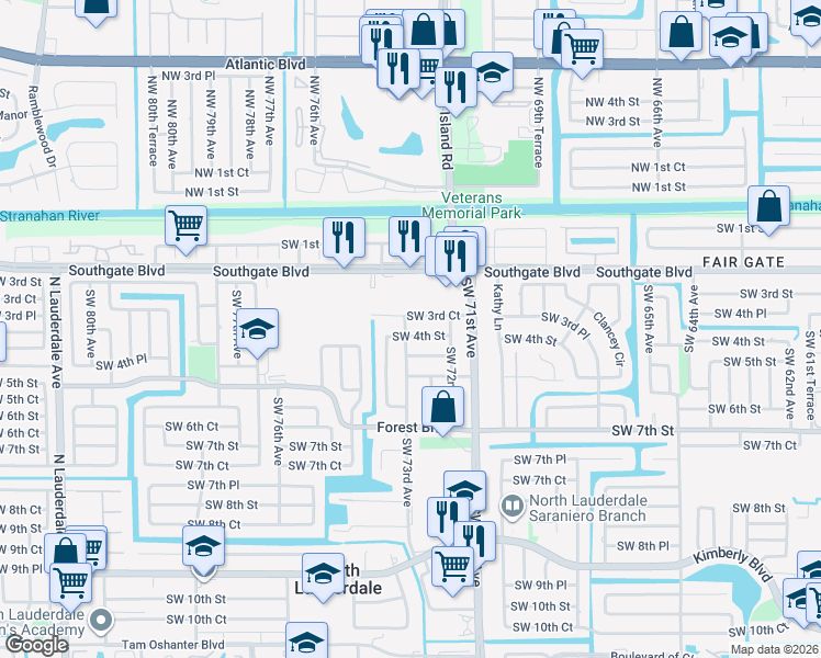 map of restaurants, bars, coffee shops, grocery stores, and more near 7215 Southwest 4th Street in North Lauderdale