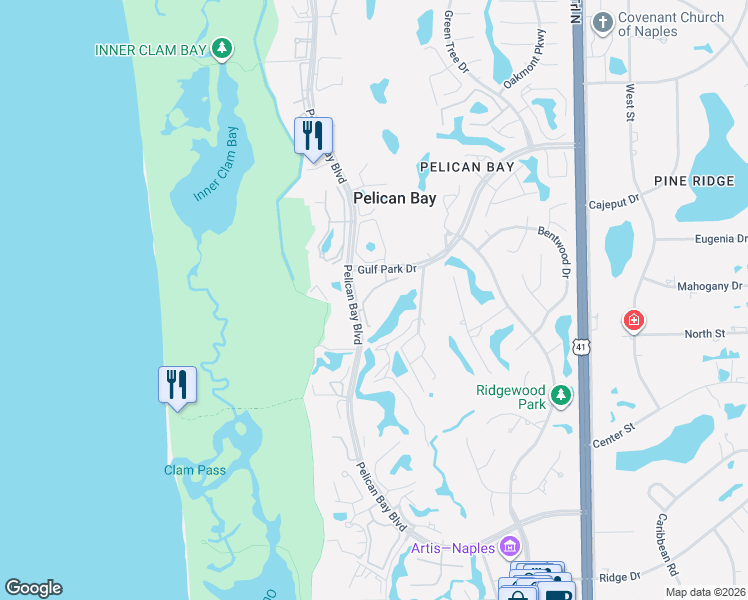 map of restaurants, bars, coffee shops, grocery stores, and more near 6320 Pelican Bay Boulevard in Naples
