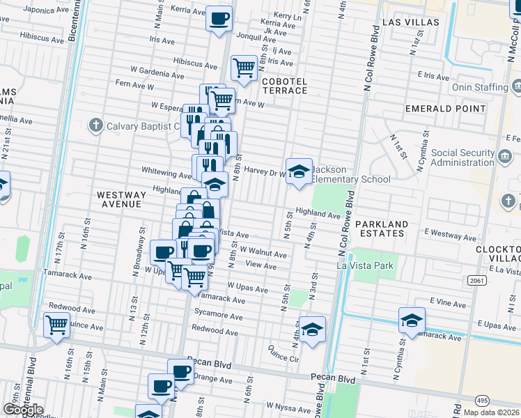 map of restaurants, bars, coffee shops, grocery stores, and more near 701 Highland Avenue in McAllen