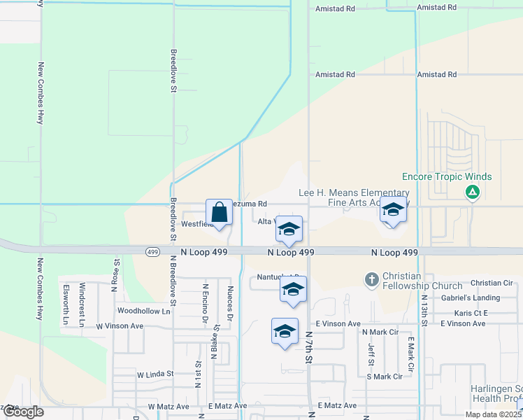 map of restaurants, bars, coffee shops, grocery stores, and more near 22938 Monte Cristo Court in Harlingen