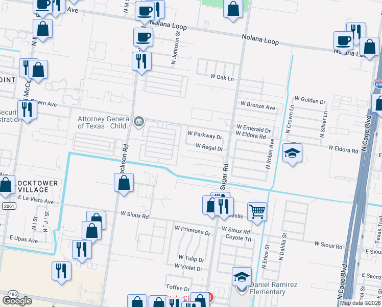 map of restaurants, bars, coffee shops, grocery stores, and more near 1015 West Regal Drive in Pharr