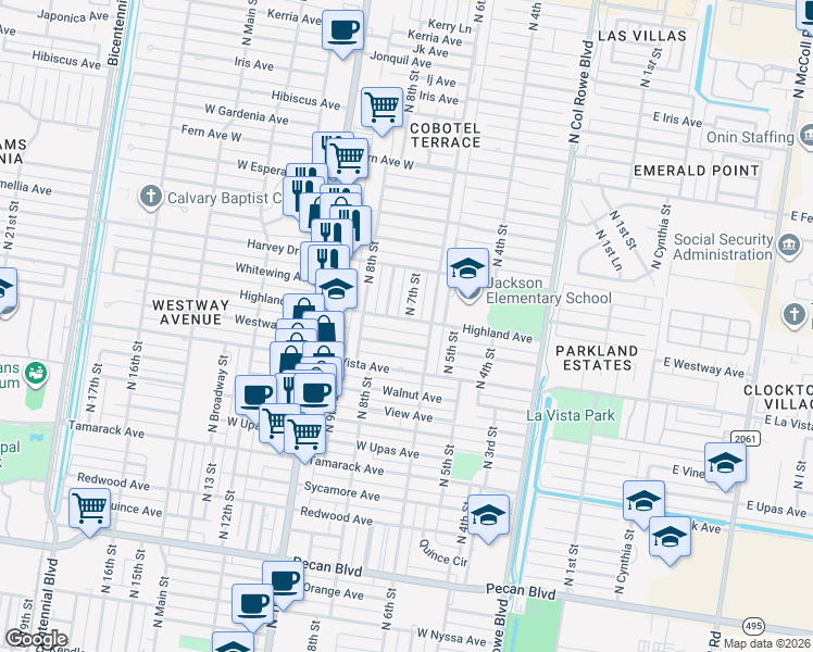 map of restaurants, bars, coffee shops, grocery stores, and more near 701 Highland Avenue in McAllen