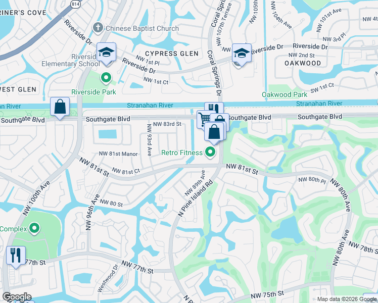 map of restaurants, bars, coffee shops, grocery stores, and more near 8108 Northwest 91st Avenue in Tamarac