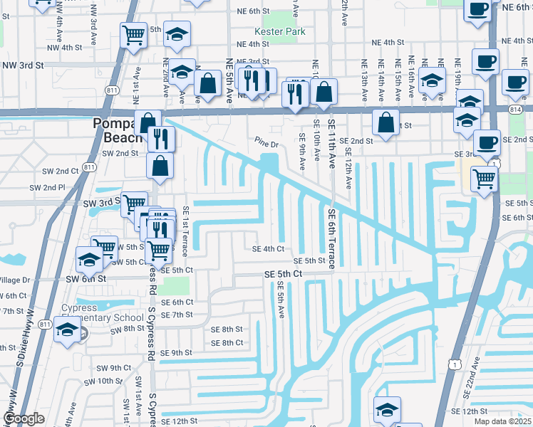 map of restaurants, bars, coffee shops, grocery stores, and more near 341 Southeast 5th Avenue in Pompano Beach