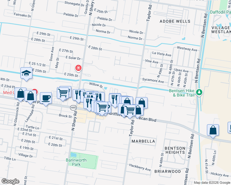 map of restaurants, bars, coffee shops, grocery stores, and more near 2400 Harmony Lane in Mission