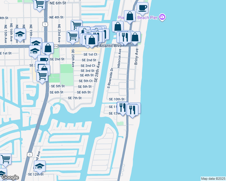 map of restaurants, bars, coffee shops, grocery stores, and more near 3203 Southeast 8th Street in Pompano Beach