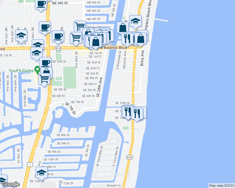map of restaurants, bars, coffee shops, grocery stores, and more near 3203 Southeast 8th Street in Pompano Beach