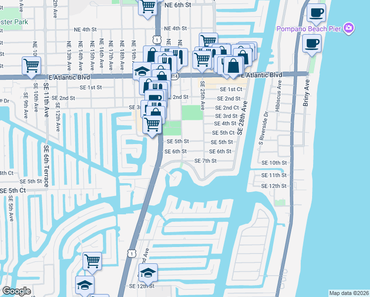 map of restaurants, bars, coffee shops, grocery stores, and more near 2395 Southeast 6th Street in Pompano Beach