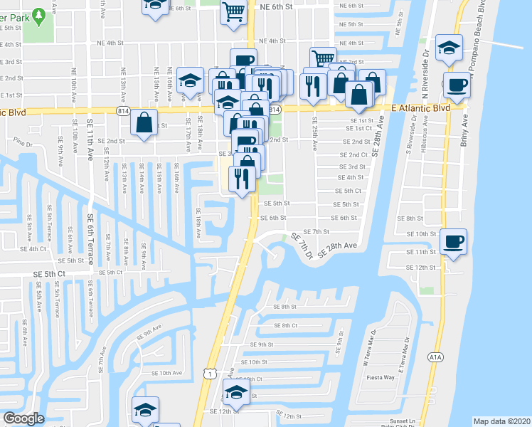 map of restaurants, bars, coffee shops, grocery stores, and more near 2223 Southeast 6th Street in Pompano Beach