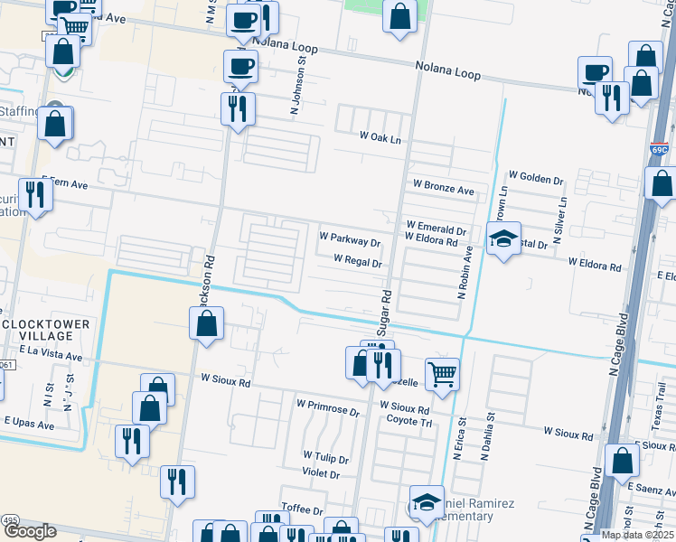 map of restaurants, bars, coffee shops, grocery stores, and more near 3515 North Sugar Road in Pharr