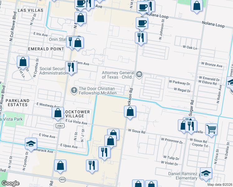 map of restaurants, bars, coffee shops, grocery stores, and more near 1300 East Camellia Avenue in McAllen