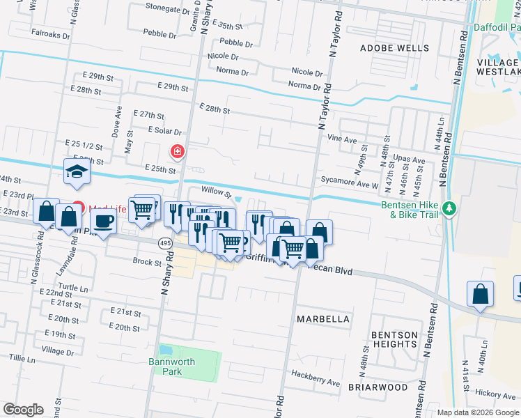 map of restaurants, bars, coffee shops, grocery stores, and more near 2545 East Griffin Parkway in Mission