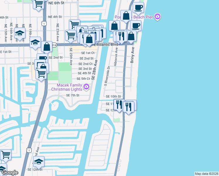 map of restaurants, bars, coffee shops, grocery stores, and more near 3209 Southeast 8th Street in Pompano Beach