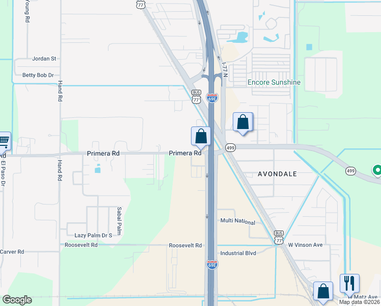 map of restaurants, bars, coffee shops, grocery stores, and more near 18529 Primera Road in Harlingen