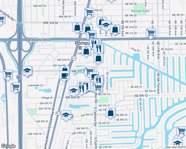 map of restaurants, bars, coffee shops, grocery stores, and more near 351 South Cypress Road in Pompano Beach