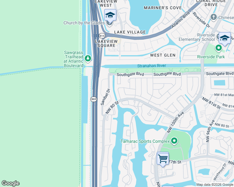 map of restaurants, bars, coffee shops, grocery stores, and more near 8009 Northwest 108th Avenue in Tamarac