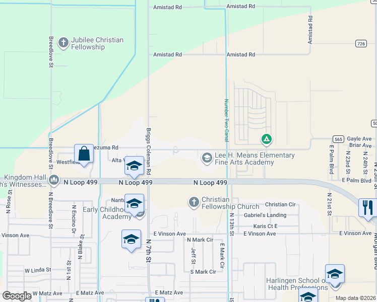map of restaurants, bars, coffee shops, grocery stores, and more near 21018 Montezuma Rd in Harlingen