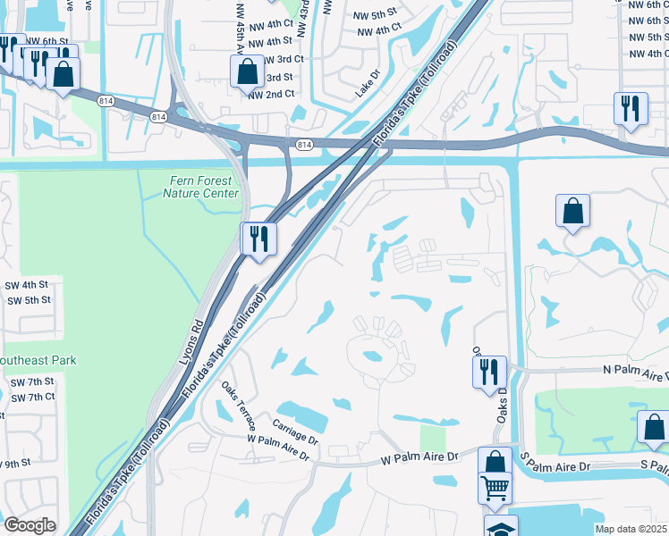 map of restaurants, bars, coffee shops, grocery stores, and more near 496 West Palm Aire Drive in Pompano Beach
