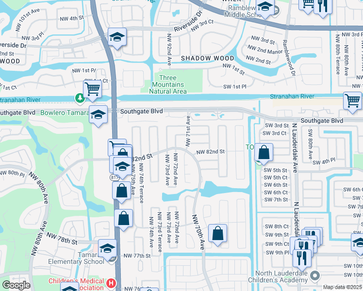 map of restaurants, bars, coffee shops, grocery stores, and more near 7103 Northwest 82nd Street in Tamarac