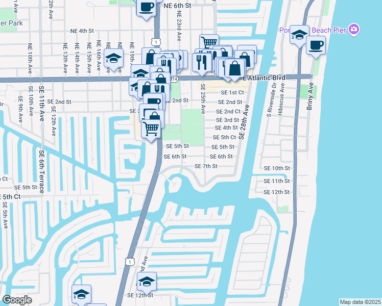 map of restaurants, bars, coffee shops, grocery stores, and more near 2395 Southeast 6th Street in Pompano Beach
