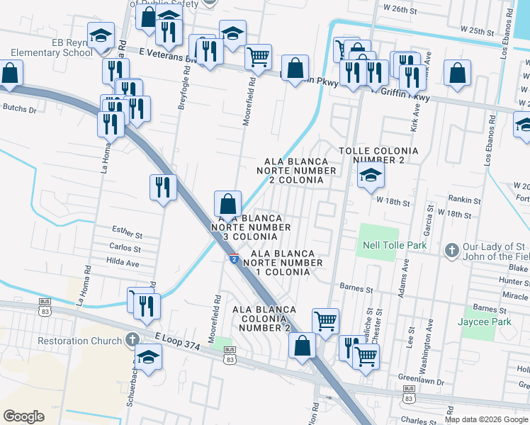 map of restaurants, bars, coffee shops, grocery stores, and more near 1605 Judy Street in Mission