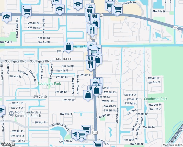 map of restaurants, bars, coffee shops, grocery stores, and more near 345 South State Road 7 in Margate