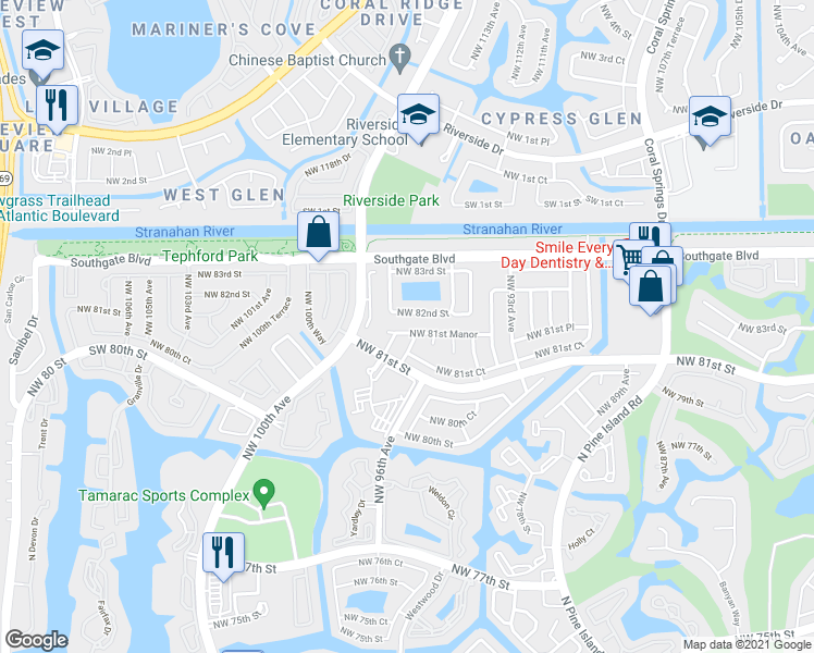 map of restaurants, bars, coffee shops, grocery stores, and more near 9603 Northwest 81st Manor in Tamarac