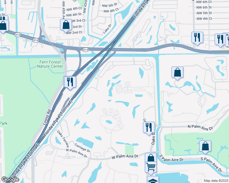 map of restaurants, bars, coffee shops, grocery stores, and more near 3507 Oaks Way in Pompano Beach