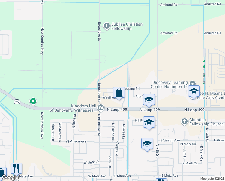 map of restaurants, bars, coffee shops, grocery stores, and more near 20461 Oak Hollow Lane in Harlingen