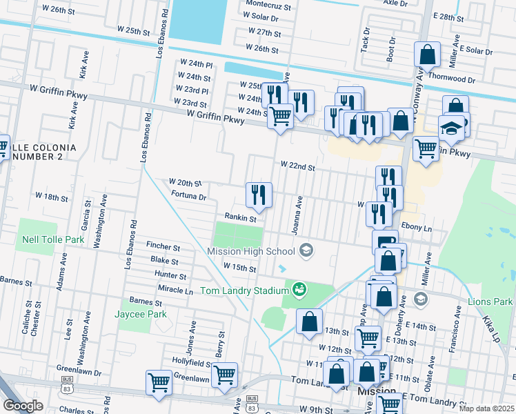 map of restaurants, bars, coffee shops, grocery stores, and more near 1809 North Holland Avenue in Mission