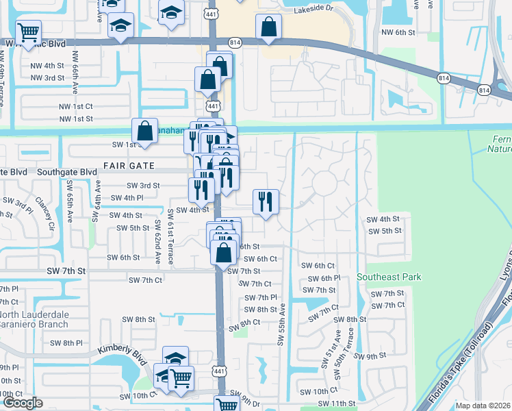 map of restaurants, bars, coffee shops, grocery stores, and more near 5521 Monte Carlo Place in Margate
