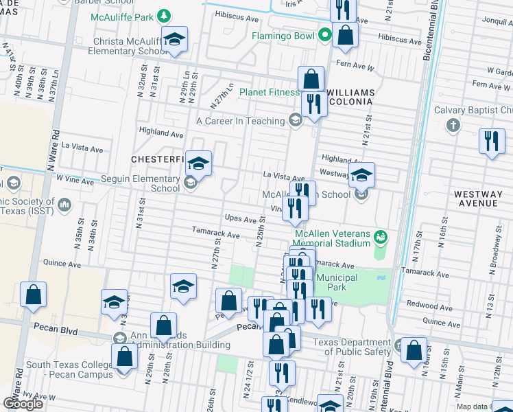 map of restaurants, bars, coffee shops, grocery stores, and more near Vine Avenue in McAllen