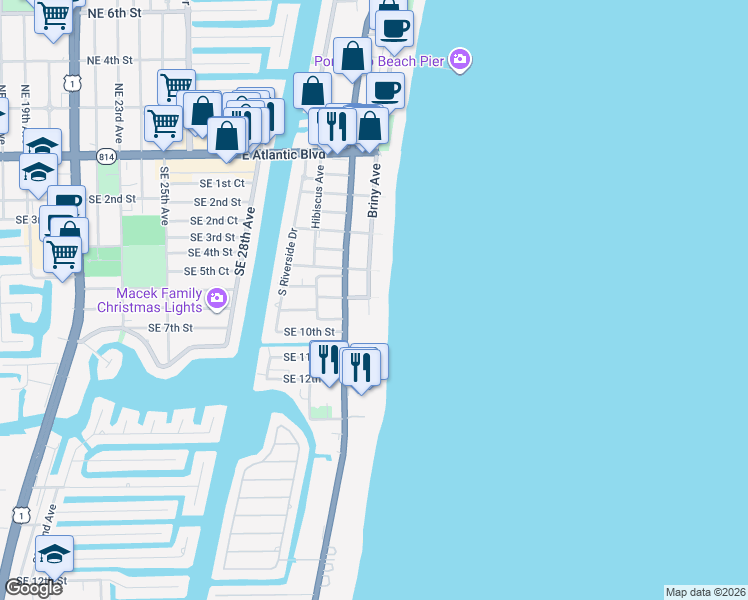map of restaurants, bars, coffee shops, grocery stores, and more near 812 Briny Avenue in Pompano Beach