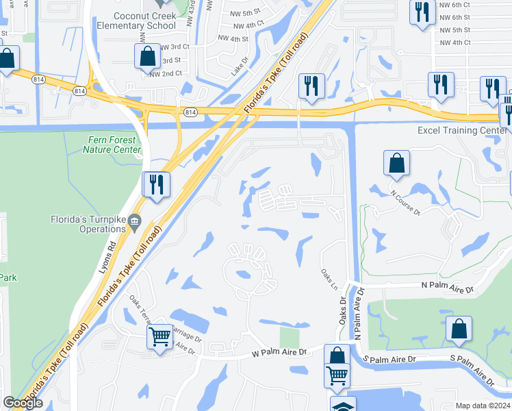 map of restaurants, bars, coffee shops, grocery stores, and more near 3507 Oaks Way in Pompano Beach