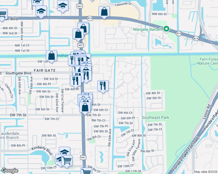 map of restaurants, bars, coffee shops, grocery stores, and more near 431 South Cortez Drive in Margate