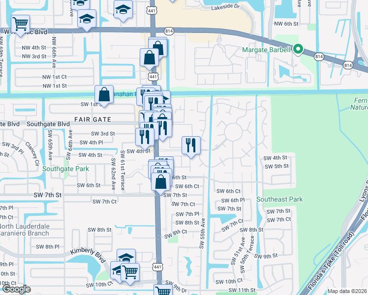 map of restaurants, bars, coffee shops, grocery stores, and more near 5521 Monte Carlo Place in Margate