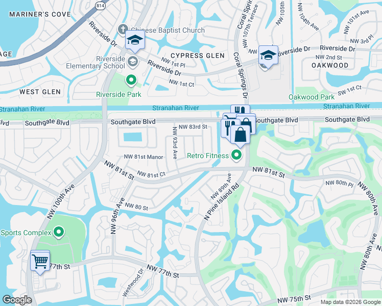 map of restaurants, bars, coffee shops, grocery stores, and more near 9112 Northwest 81st Place in Tamarac
