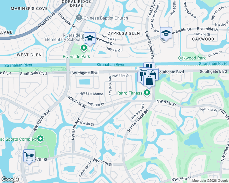map of restaurants, bars, coffee shops, grocery stores, and more near 8110 Northwest 93rd Avenue in Tamarac