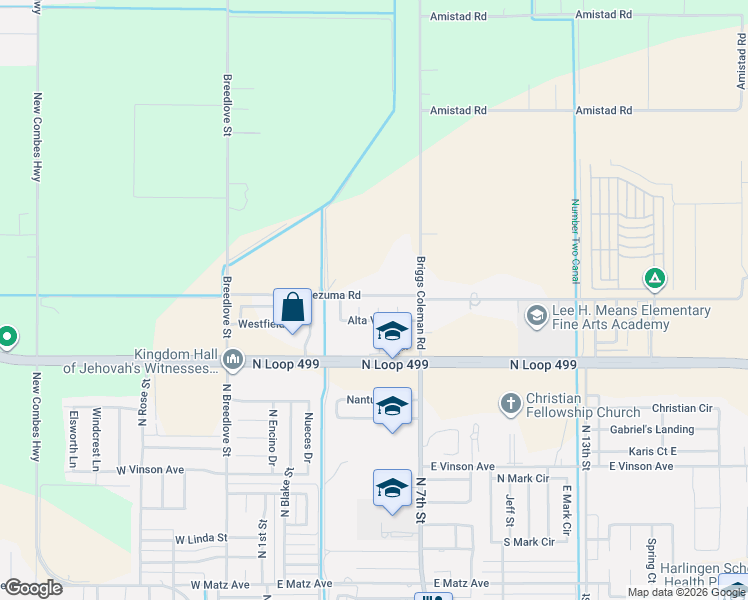 map of restaurants, bars, coffee shops, grocery stores, and more near 22945 Monte Cristo Court in Harlingen