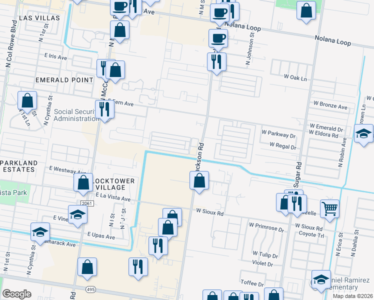 map of restaurants, bars, coffee shops, grocery stores, and more near 1324 East Camellia Avenue in McAllen