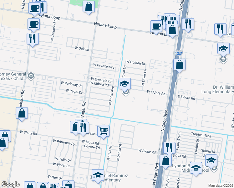 map of restaurants, bars, coffee shops, grocery stores, and more near 3506 North Robin Avenue in Pharr